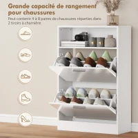HOMCOM Meuble à chaussures 8 paires, armoire à chaussures, 2 tiroirs rabattables, étagères réglables et compartiment, blanc(m-5)