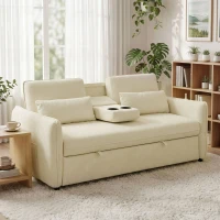 HOMCOM Canapé convertible 2 places 3 en 1, canapé-lit clic clac en chenille avec dossier réglable, porte-gobelets, beige(m-2)