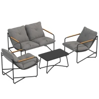 Outsunny Salon de Jardin 4 Pièces Ensemble avec Canapé 2 Places, 2 Fauteuils et Table Basse Verre Trempé Coussins 13cm Gris Clair(m-13)