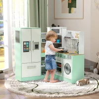 AIYAPLAY Houten Kinderkeuken met krijtbord, afzuigkap, ijsblokjesmachine, licht- en geluidseffecten – Speelkeuken cadeau voor jongens en meisjes vanaf 3 jaar, wit en groen(m-2)