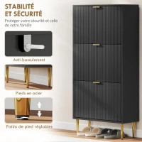 HOMCOM Meuble à chaussures 18 paires avec 3 tiroirs rabattables, portes cannelées et étagères réglables, 60x24x122,5cm, noir(m-7)