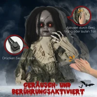 Outsunny Halloween-decoratie van 83 cm Bewegende spookpop met speciale effecten en geluidsfunctie, rode ogen met kroonluchters, gemotoriseerde wielen, horrorpop(m-6)
