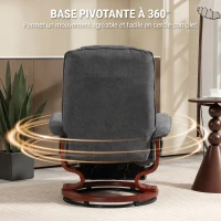 HOMCOM Fauteuil relax inclinable repose-pieds réglable pivotant 360° piètement bois tissu aspect lin gris(m-5)