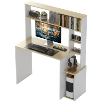 HOMCOM Computertisch, Schreibtisch mit offenen Regalen und Ablagefächern, aus Stahl, Hellbraun+Weiß(m-10)