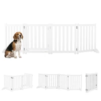 PawHut Barieră de Siguranță pentru Câini Pliabilă pe Ambele Părți din Lemn, 4 Panouri cu Ușă, Picioare de Suport, 205 x 60 cm, Alb(m-8)