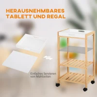 HOMCOM keukenwagen serveerwagen met schappen afneembaar dienblad grenen wit + naturel(m-4)
