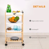 HOMCOM keukenwagen serveerwagen met schappen afneembaar dienblad grenen wit + naturel(m-6)