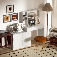 HOMCOM Schminktisch, Make-up-Tisch mit großem Spiegel, 4 Schubladen, 3 offene Fächer, 2 Schränke, MDF, Weiß(m-9)