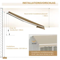 Outsunny handmatige knikarmluifel 395 cm luifel met handslinger balkonluifel zonwering wandmontage balkon aluminium wit + beige 395 x 245 cm | Aosom(m-9)