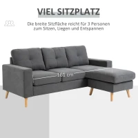 HOMCOM Hoekbank in Scandinavisch design, met knoopdetail, massief hout, linnenlook, Grijs(m-5)
