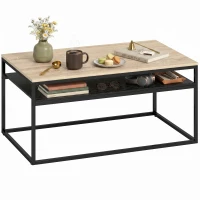 HOMCOM Salontafel met Opbergruimte, modern industrieel, 2 planken & verstelbare poten, eiken(m-15)
