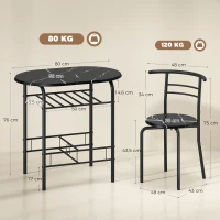 HOMCOM Eetset 3-delig, keukentafel en stoelen voor 2 personen met rek, woonkamer, zwarte marmerlook(m-3)