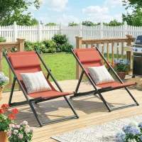 Outsunny Lot de 2 bain de soleil, chaise longue pliante avec appuie-tête en textilène inclinable 60 x 100 x 85 cm, rouge brique(m-2)