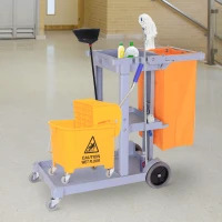 HOMCOM Schoonmaakwagen schoonmaaktrolley systeemwagen met vuilniszak 3 vakken, grijs(m-2)