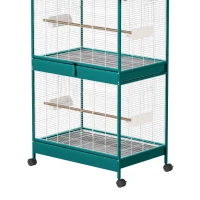 PawHut Cage à oiseaux sur roulettes avec séparateur amovible, 6 mangeoires et 4 perchoirs, 2 plateaux coulissants, pour perruches, cockatiels, canaris(m-15)