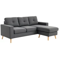HOMCOM Hoekbank in Scandinavisch design, met knoopdetail, massief hout, linnenlook, Grijs(m-11)