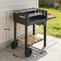 Outsunny Chariot à barbecue de bois avec 2 grilles réglables, barbecue au charbon de bois sur roulettes, tablette latérale, noir(m-3)