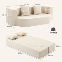 HOMCOM Canapea extensibilă 2 locuri, canapea-pat din chenille 190 cm, spătar rabatabil, șezut și cotiere late, bej(m-3)