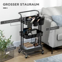 HOMCOM Rolwagen met 3 niveaus, opbergmanden, haken, bijzetwagen voor keuken of woonkamer, Stahl, Kunststoff, Schwarz(m-4)