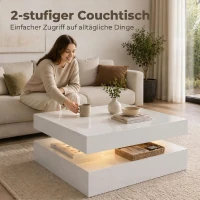 HOMCOM LED-salontafel met opbergruimte, 2-laags modern tafelontwerp met open plank en afstandsbediening, hoogglans wit(m-6)