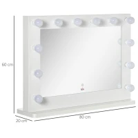 HOMCOM Hollywoodspiegel met verlichting, aanraakbediening, geheugenfunctie, 12 dimbare LED-lampen, wit, 80 x 60 cm(m-3)