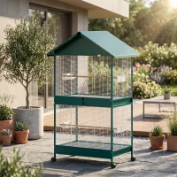 PawHut Cage à oiseaux sur roulettes avec séparateur amovible, 6 mangeoires et 4 perchoirs, 2 plateaux coulissants, pour perruches, cockatiels, canaris(m-2)
