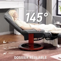 HOMCOM Fauteuil relax inclinable repose-pieds réglable pivotant 360° piètement bois tissu aspect lin gris(m-4)