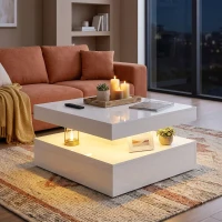 HOMCOM LED-salontafel met opbergruimte, 2-laags modern tafelontwerp met open plank en afstandsbediening, hoogglans wit(m-8)