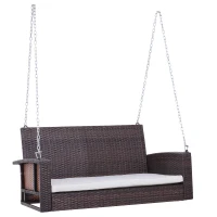 Outsunny hangbank 2-zits rotan tuinschommel met zitkussen bruin(m-10)
