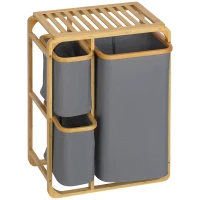 HOMCOM wasmand van bamboe, 3 uitneembare manden van 50 cm x 32 cm x 69,7 cm, natuurgrijs(m-10)