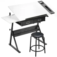 HOMCOM Verstelbare Tekentafel, Werktafel met Kruk en Lades, Wit(m-1)