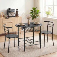 HOMCOM Eetset 3-delig, keukentafel en stoelen voor 2 personen met rek, woonkamer, zwarte marmerlook(m-2)