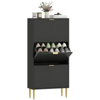 HOMCOM Meuble à chaussures 18 paires avec 3 tiroirs rabattables, portes cannelées et étagères réglables, 60x24x122,5cm, noir(m-11)