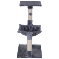 PawHut Kattenboom 3 verdiepingen krabpaal kattenbed met hangmat sisal paal pluche grijs(m-7)