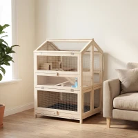 PawHut Cage Hamster 3 Étages en Bois avec Bac Amovible, Couvercle Ouvrant, Bascule, Cabane, Fenêtre, 68x61,5x90cm, Naturel(m-2)