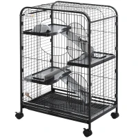 PawHut Knaagdierkooi 3-laagse kooi voor kleine dieren, voerbak, waterfles, rolbaar(m-10)