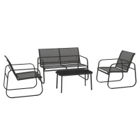 Outsunny 4-delige tuinset, 2 stoelen, 2-zitsbank, tafel met glazen blad, ademende stof, metalen frame, zwart(m-11)