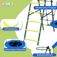 Outsunny Kinderschaukel-Set, 4 in 1 Schaukelgerüst Schaukelgestell mit 2 Schaukeln, Basketballkorb, Kletterleiter, Gartenschaukel für 3-8 Jahre Kinder, Stahl, Gelb(m-5)