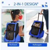 PawHut Hondentrolley transporttas draagtas dieren 2-in-1 rugzak trolley blauw(m-4)