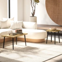 HOMCOM 2er-Set Kaffeetische, Großer und kleiner Tisch mit Metallrahmen und Holzplatte, Flexible Couchtische, Naturholz(m-7)