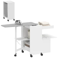 HOMCOM Meuble à repasser, table à repasser pliante sur roulettes avec portes par pression, charnières à fermeture douce, blanc(m-12)