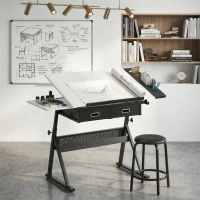 HOMCOM Verstelbare Tekentafel, Werktafel met Kruk en Lades, Wit(m-8)