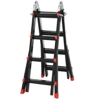 HOMCOM Teleskopleiter, rutschfeste Stufen, bis 150 kg belastbar, Aluminium, Schwarz+Rot(m-11)