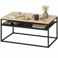 HOMCOM Salontafel met Opbergruimte, modern industrieel, 2 planken & verstelbare poten, eiken(m-14)