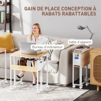 HOMCOM Bureau pliable sur roulettes 63 x 50 cm avec étagère et sac de rangement, bois naturel(m-4)
