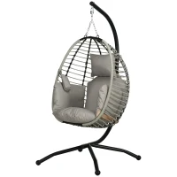 Outsunny Hangstoel, zit- en rugkussen, opvouwbare zitmand, bekerhouder, metalen frame, grijs(m-10)