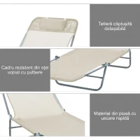 Outsunny Set de 2 Sezlonguri pentru Plaja Pliabile cu Spatar Rabatabil pe 5 Niveluri, Sezlong de Gradina din Otel si Tesatura Plasa, Bej(m-5)