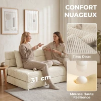 HOMCOM Canapé-Lit Pliant 2 en 1, Chauffeuse 2 Places Convertible en Velours Côtelé, Oreiller, Poches Latérales, Crème(m-5)