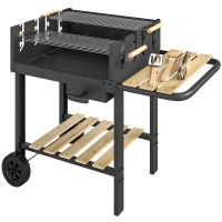 Outsunny Houtskoolbarbecue met 4 verstelbare grillhoogtes, 2 houten planken, 2 wielen, aslade, 99,5 x 58 x 82 cm