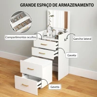 HOMCOM Toucador de Maquilhagem 3 em 1 com Banco Mesa de Maquilhagem com Espelho Gavetas e Bancada de Vidro Visível Toucador Moderno para Quarto 48x40x90 cm Branco(m-6)